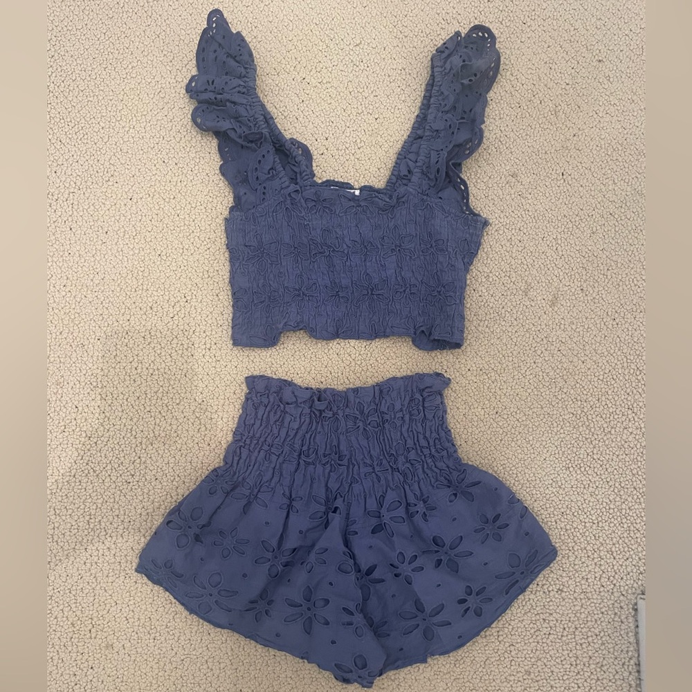 Winston White Navy Blue Eyelet Crop Top and Shorts Set
